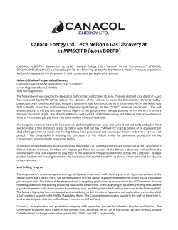 Canacol Energy Ltd. Tests Nelson 6 Gas Discovery at 23 MMSCFPD