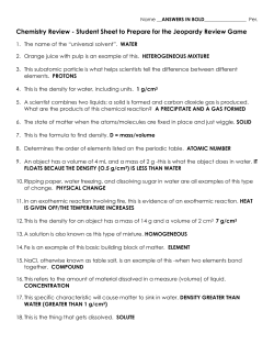 Chemistry Review - Student Sheet to Prepare for the Jeopardy
