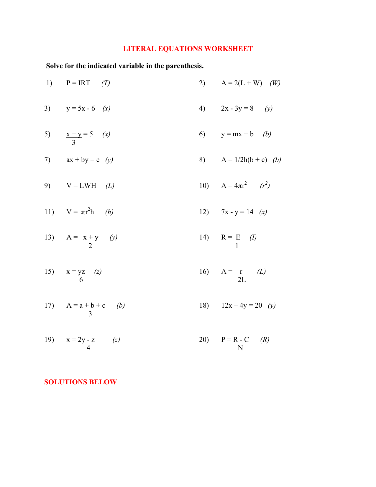 LITERAL EQUATIONS WORKSHEET Solve for the indicated For Literal Equations Worksheet Answer Key