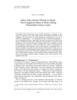 John Lieder and his Mission in Egypt: The Evangelical Ethos at