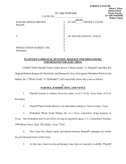 CAUSE NO. PASTOR JORDAN BROWN, Plaintiff, &sect; &sect; &sect; IN THE