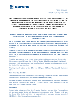 sarens bestuur nv announces results of the conditional cash tender