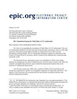 EPIC Letter to U.S. Senate Nomination Hearing &ndash; Nikki Haley