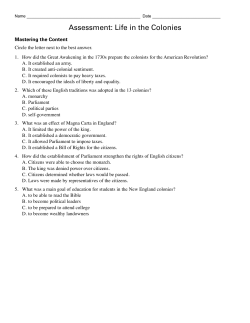 Assessment: Life in the Colonies