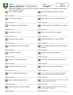 Name: Date: ______ Algebraic Expressions &ndash; Writing Expressions
