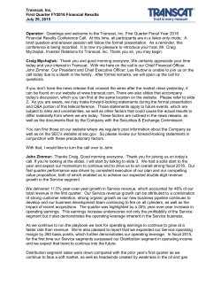 Transcat, Inc. First Quarter FY2016 Financial Results July 29, 2015