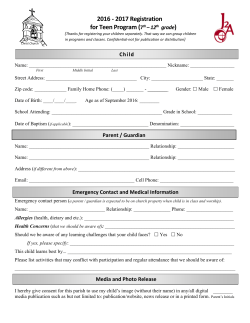2016 - 2017 Registration for Teen Program (7th – 12th grade)