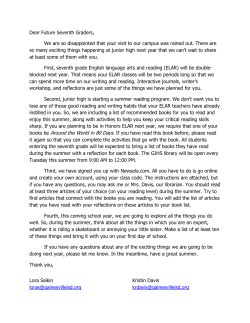 Dear Future Seventh Graders, We are so