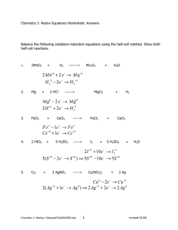 1 Chemistry I: Redox Equations Worksheet: Answers Balance the