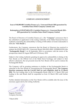 COMPANY ANNOUNCEMENT Issue of &euro;40,000,000 Corinthia