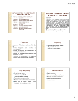 Objectives Hospitality Early Hospitality Medieval Period