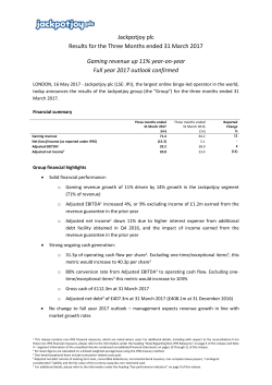 Jackpotjoy plc Results for the Three Months ended 31 March 2017