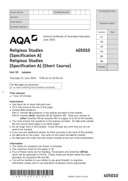 GCSE Religious Studies A Question paper Unit 10 - Judaism