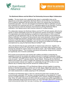 The Rainforest Alliance and the Ethical Tea Partnership Announce