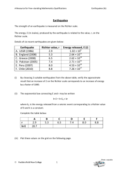 Earthquakes Earthquake Richter value, r Energy released, E (J) A