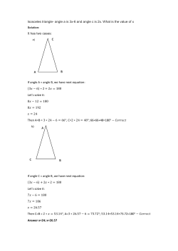 Isosceles triangle- angle a is 3x-6 and angle c is 2x. What is the