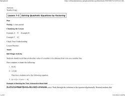 Lesson 7-3 Solving Quadratic Equations by Factoring