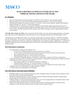 MASCO REPORTS 25 PERCENT INCREASE IN 2016 THIRD