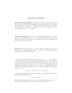 QUADRATIC RESIDUES Review: Modular Arithmetic. Recall that a