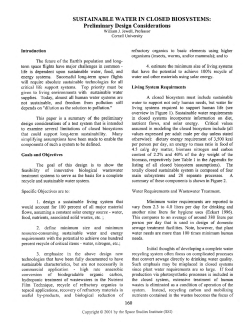 SUSTAINABLE WATER IN CLOSED BIOSYSTEMS: Preliminary