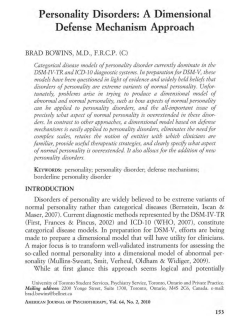 Personality Disorders: A Dimensional Defense Mechanism Approach
