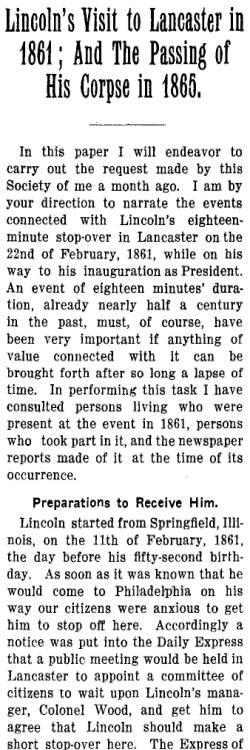 Lincoln`s visit to Lancaster in 1861 : and the