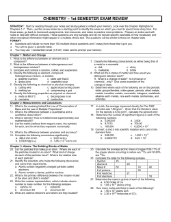 Chemistry I Honors &ndash; Semester Exam Review &ndash; Fall 2000