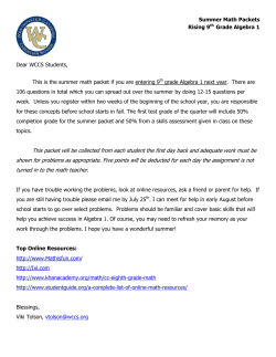 Summer Math Packets Rising 9th Grade Algebra 1 Dear WCCS