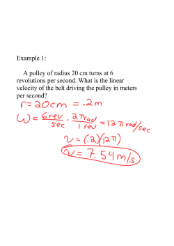 A pulley of radius 20 cm turns at 6 revolutions per second. What is