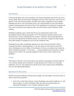 George Washington on the abolition of slavery, 1786 Introduction