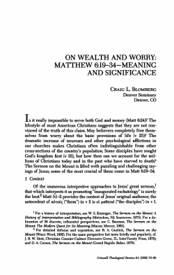ON WEALTH AND WORRY: MATTHEW 6:19-34