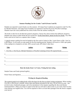 Summer Reading List for Grades 7 and 8 (Forms I