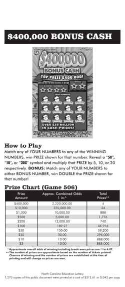 $400,000 BONUS CASH - NC Education Lottery