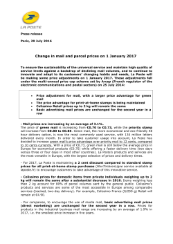 Change in mail and parcel prices on 1 January 2017