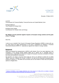 CEER letter to European Commission on MiFID II and the potential