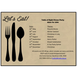 Table of Eight Dinner Party dates for 2016 Date: Theme: Pizza