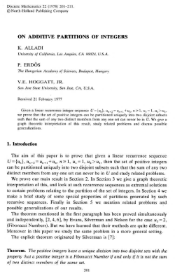 ON ADDITIVE PARTITIONS OF INTEGERS K. ALLADI P. ERDŐS 1