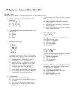 AP Biology Summer Assignment Chapter 2 Quiz 2016-17