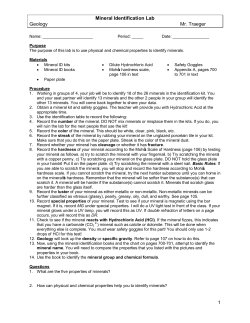 Mineral Identification Lab Geology Mr. Traeger 1