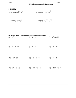 HW: Solving Quadratic Equations I. REVIEW 1. Simplify 3 12 3