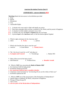 American Revolution Practice Quiz #1 ANSWER KEY&mdash;answers