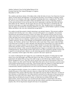 Andrew Jackson`s Case for the Indian Removal Act Excerpt from his