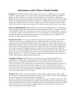 Information on the Colony of South Carolina