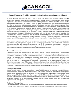 Provides Heavy Oil Exploration Operations Update in Colombia