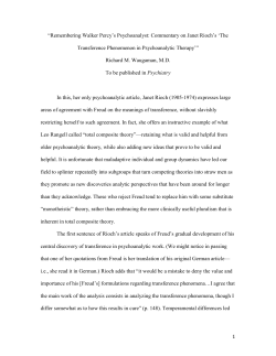 1 &ldquo;Remembering Walker Percy`s Psychoanalyst: Commentary on