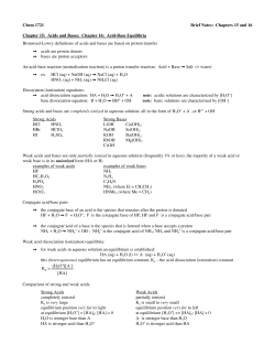 Chem 1721 Brief Notes: Chapters 15 and 16 Chapter 15: Acids and