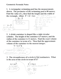 Geometric Formula Notes 1. A rectangular swimming pool has the