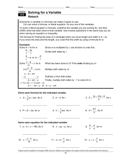 4.3 Reteach Solving for a variable practice