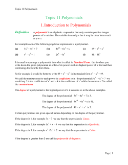 Topic 11 Polynomials 1. Introduction to Polynomials