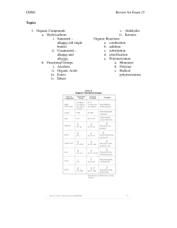 CHM1 Review for Exam 15 Topics 1. Organic Compounds a